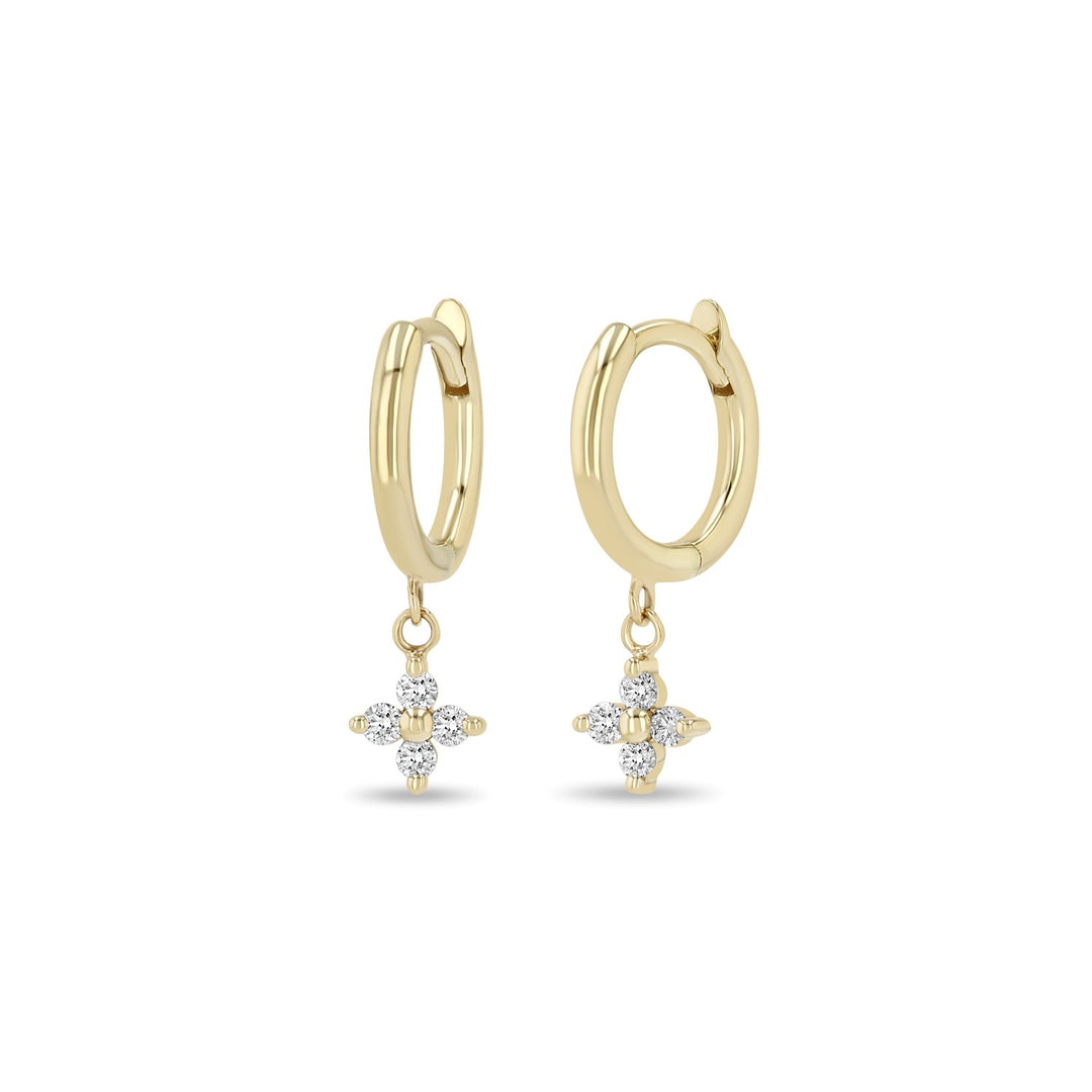 Huggie Hoops With Dangling Prong Quad Diamonds