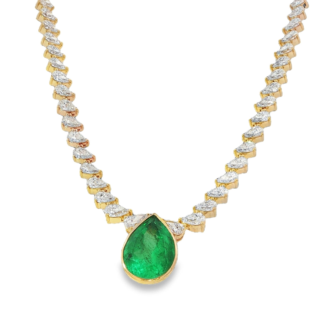 Yellow Gold Necklace With A Pear Shaped Emerald Pendant and Pear Shaped Diamonds - 16"