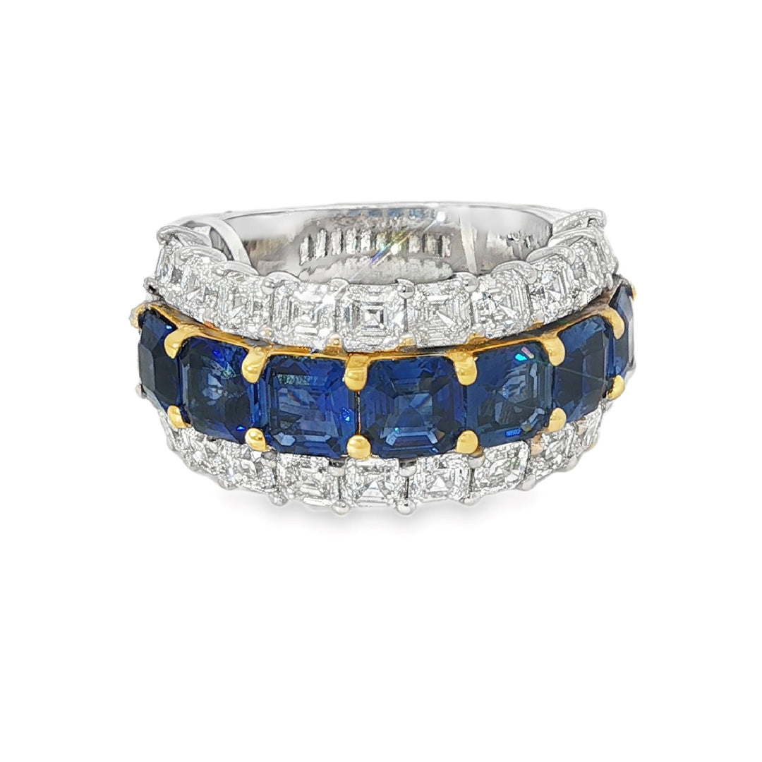 White Gold Ring With Asscher Cut Blue Sapphires Surrounded By Asscher Cut Diamonds - Size 6.5