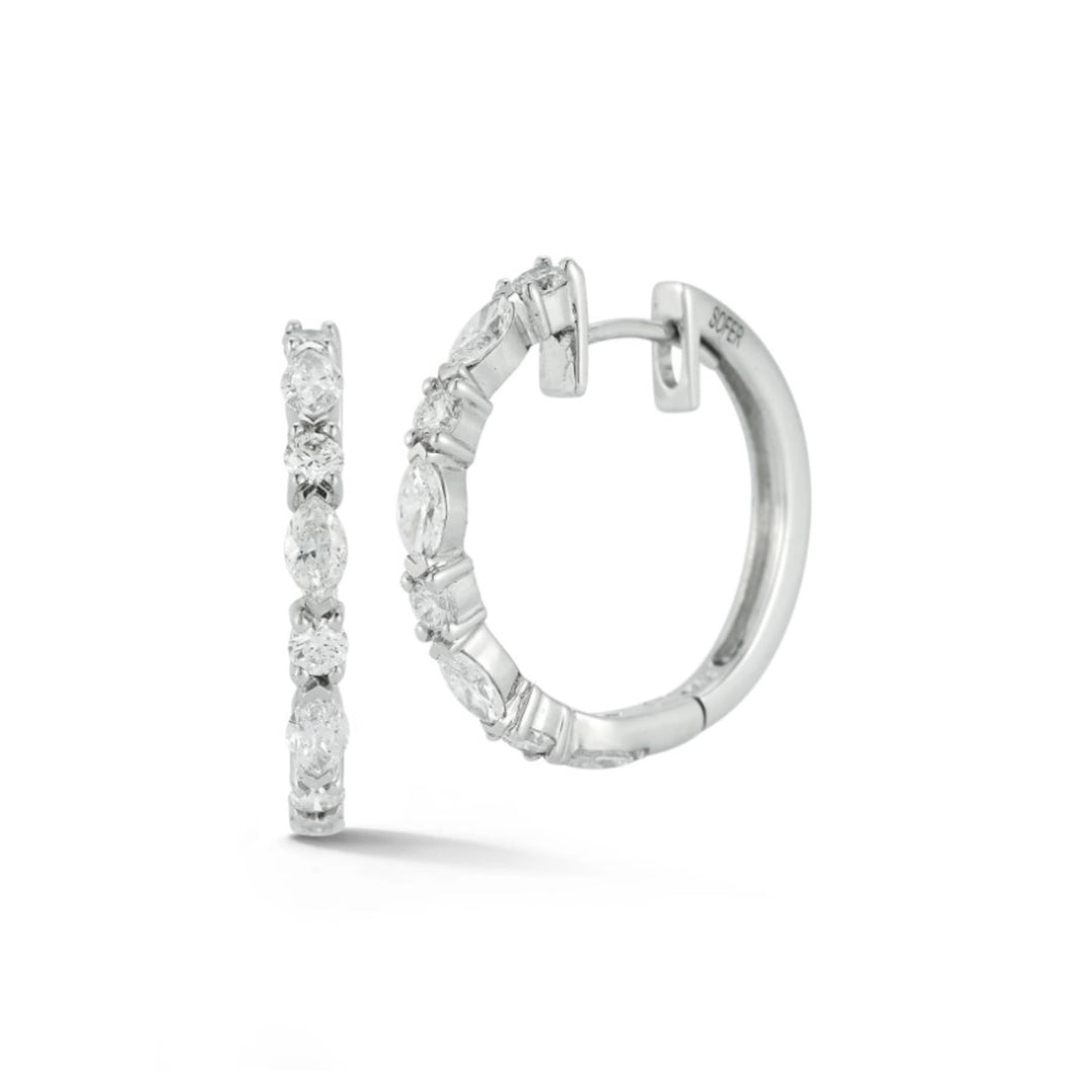 14K White Gold Marquise and Round Diamond Huggie Earrings