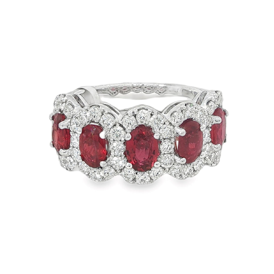 White Gold Diamond Band With 5 Oval Cut Rubies - Size 6.75