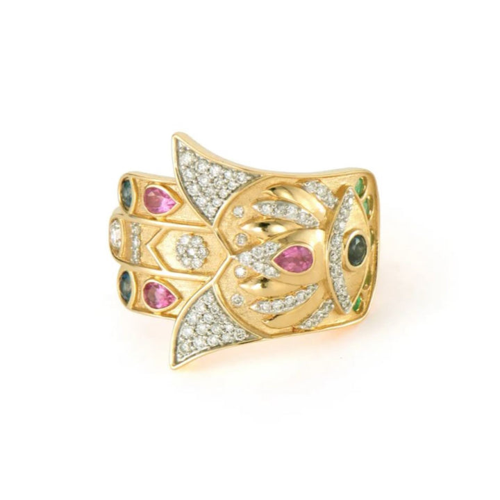 14K Bejeweled Sideways Hamsa Ring