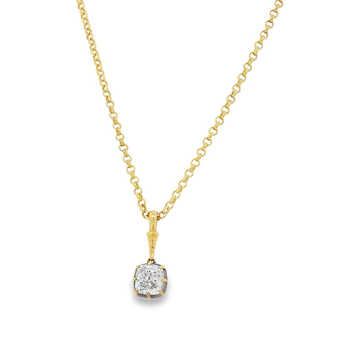Cushion Cut Diamond Pendant Set In An Antique Collet Setting Weighing 1.51cts On A Yellow Gold Chain