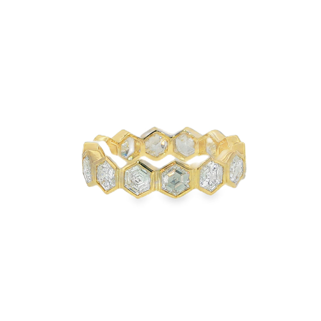 14K Yellow Gold Band With Hexagon Shaped Diamonds - Size 7