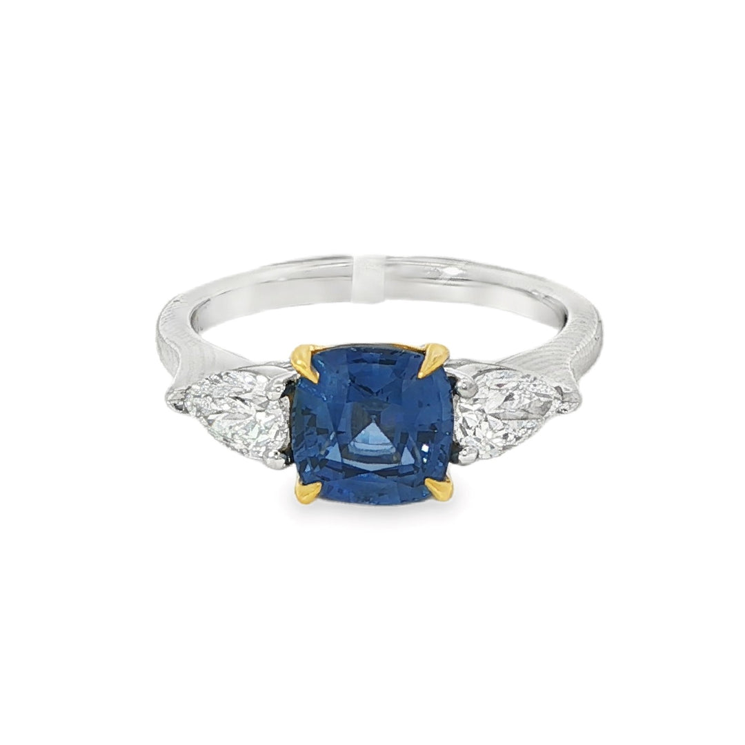 Platinum Ring With Cushion Cut Blue Sapphire and 2 Pear Cut Diamonds - Size 6.25