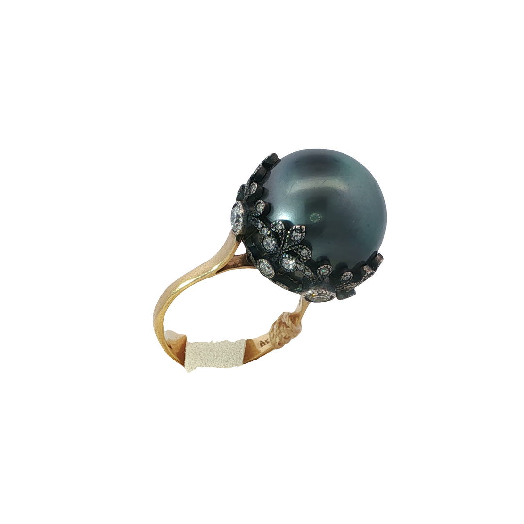 Yellow Gold And Silver Tahitian Pearl Ring Accented With Round Diamonds - Size 6.5