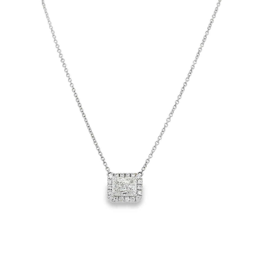 White Gold Radiant Cut Diamond Pendant With Diamond Halo