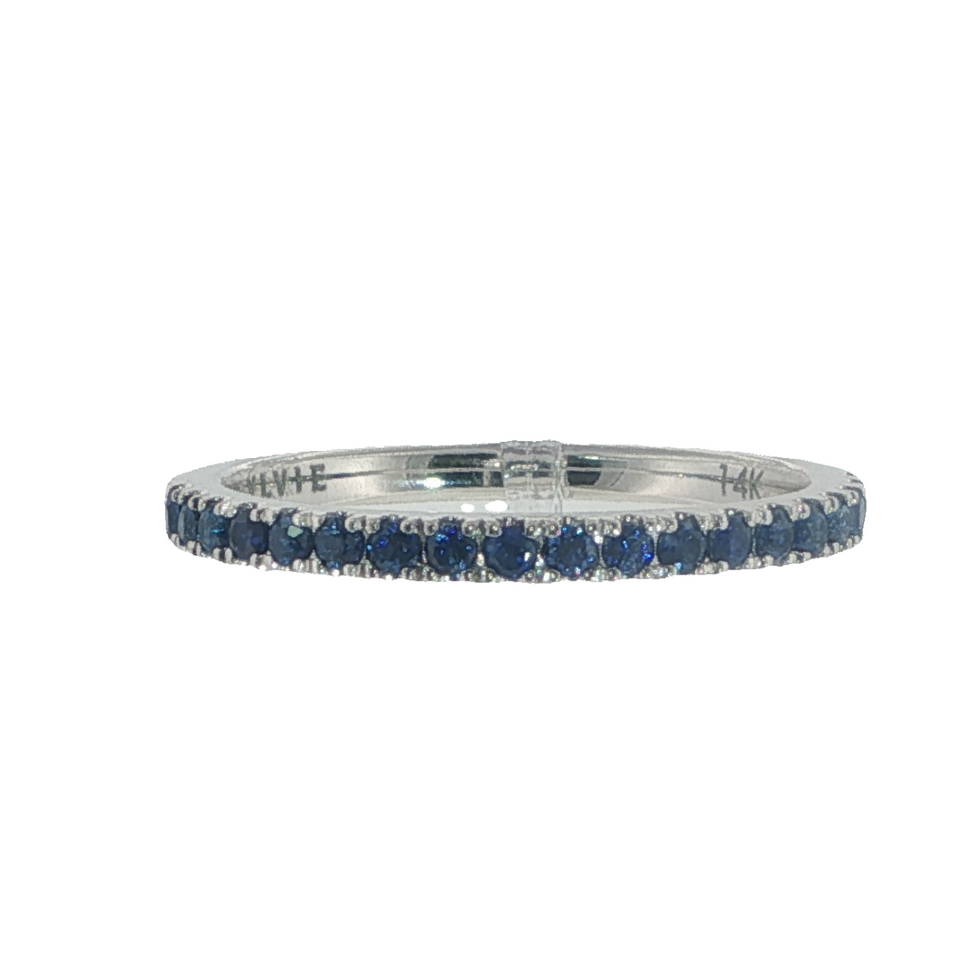 14K White Gold Ring With Blue Sapphires Half Way Around - Size 6.5