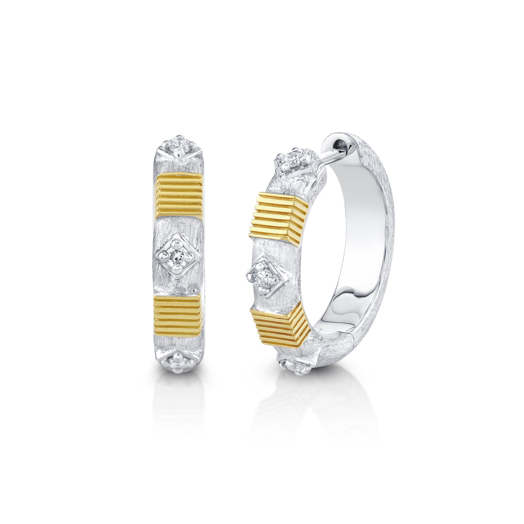 Sterling Silver 12MM Hoops With Gold Strie Stations And Diamond Details