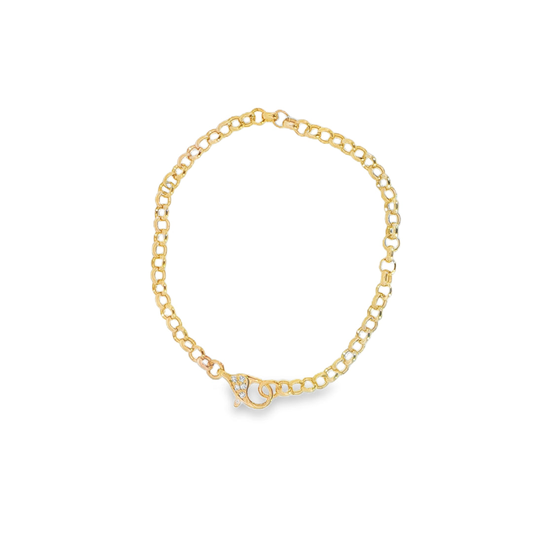 14K Yellow Gold Large Rolo Chain Bracelet With Diamond Clasp - 7"