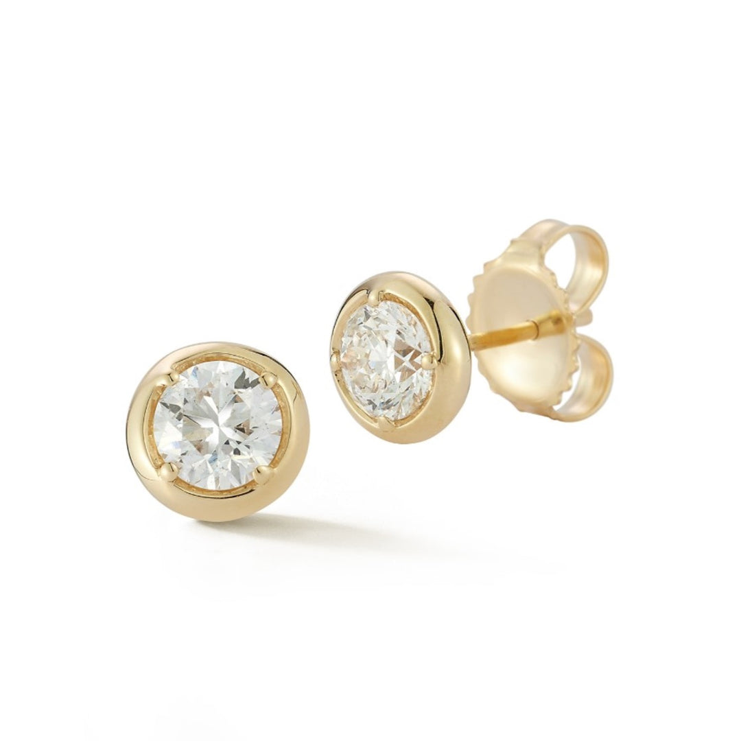 14K Yellow Gold Round Damond Flat Rim Bezel Earrings