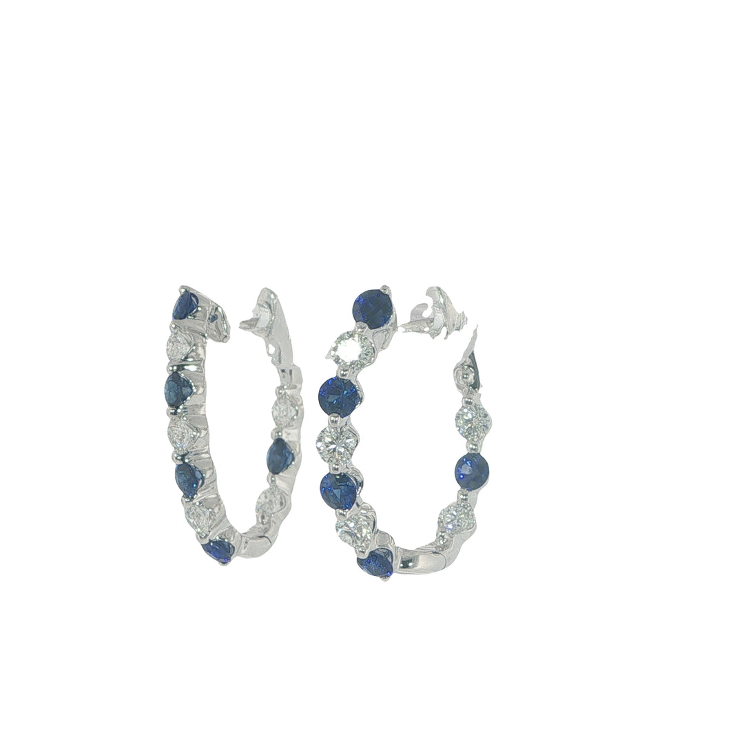 18K White Gold Single Shared Prong Set Hoops With Diamonds And Sapphires