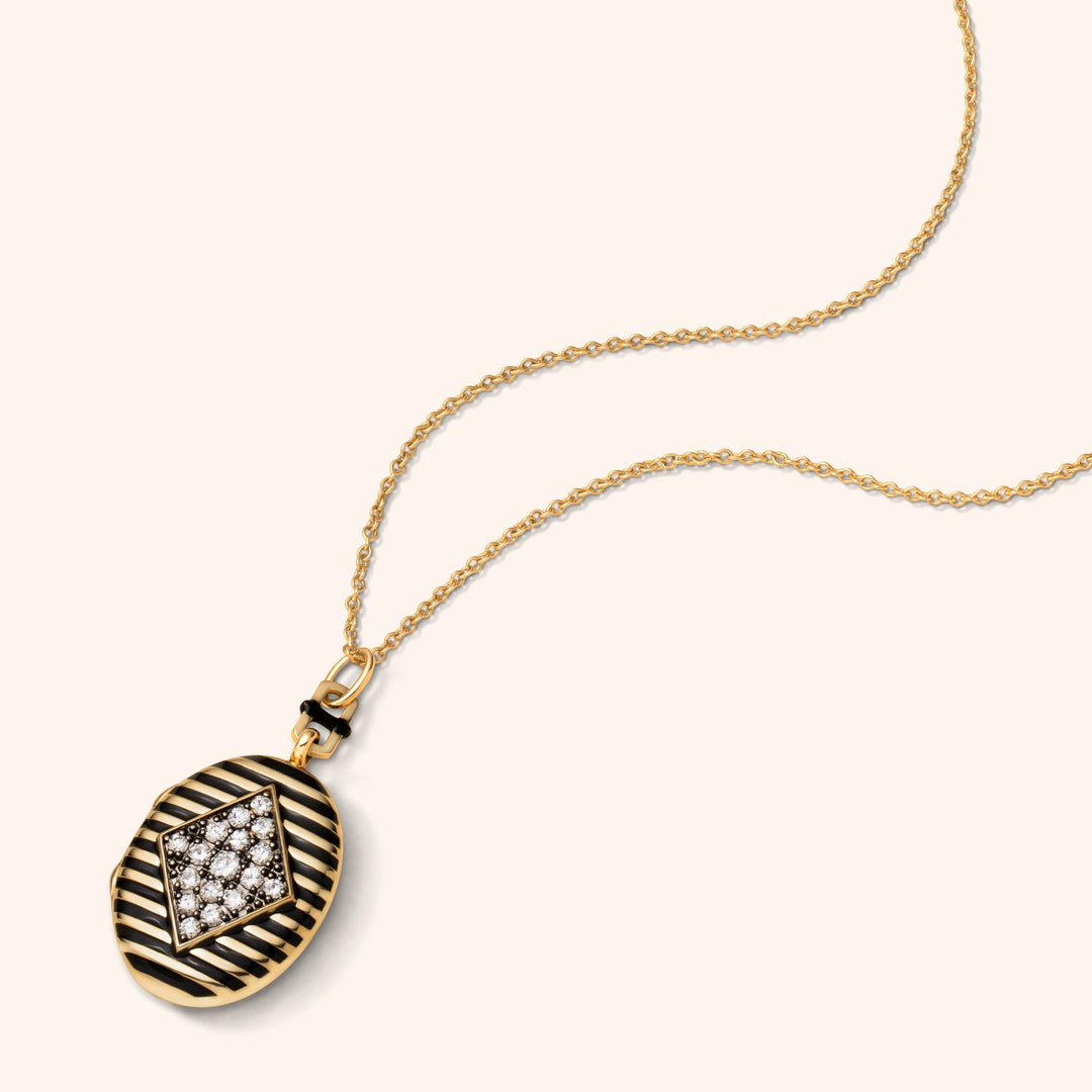 Special Edition 18K Yellow Gold Oval Black Enamel Stripe Locket With Diamonds - 18"