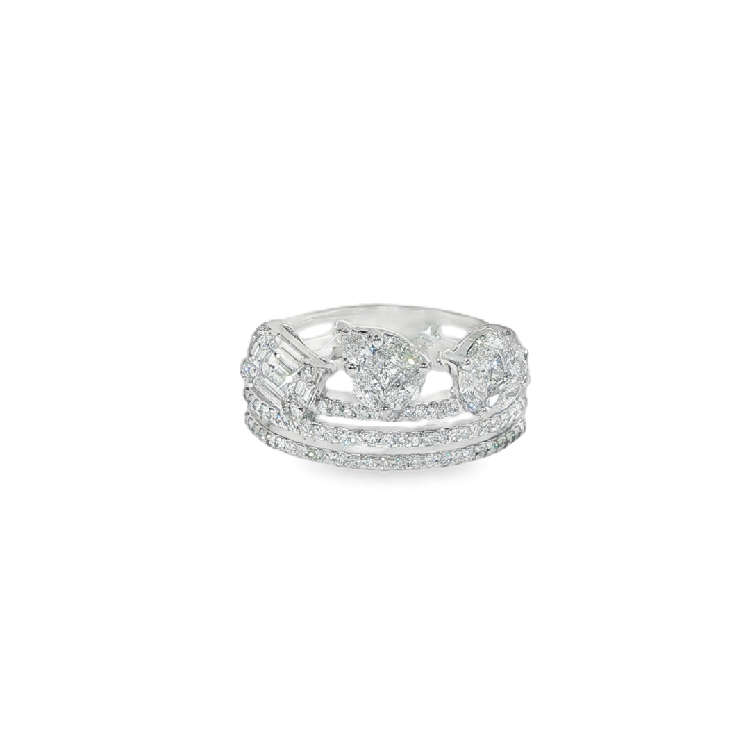 18K White Gold Triple Row Diamond Ring - Size 7