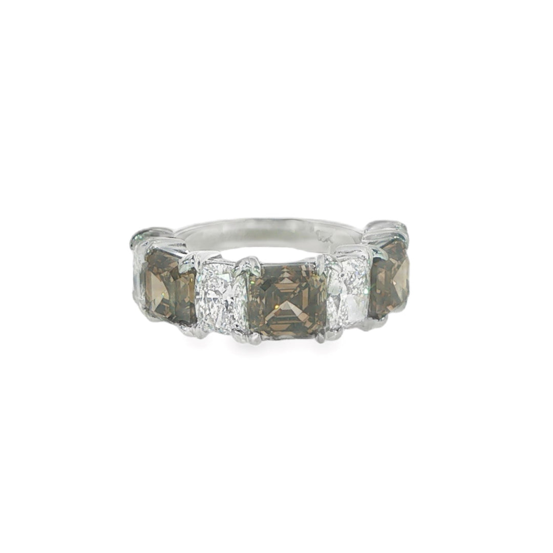 14K White Gold 7 Stone Band With Alternating Radiant Cut White Diamonds And Asscher Cut Brown Diamonds - Size 6.5