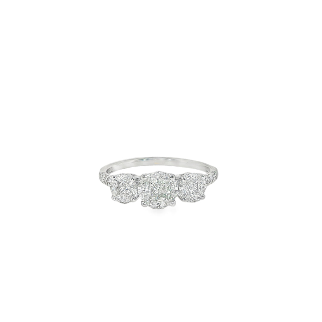 18K White Gold Ring With Three Round Illusion Set Diamond Clusters - Size 7.25