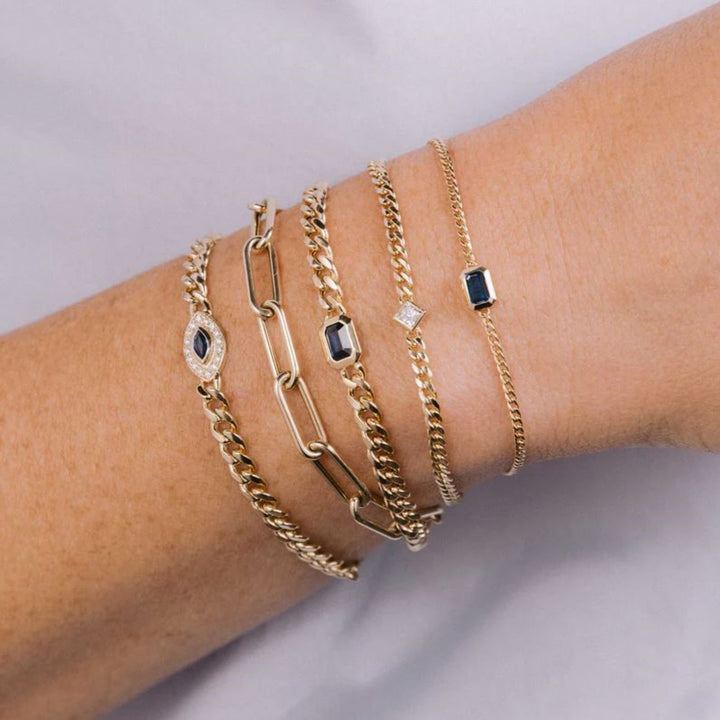 14K Curb Chain Blue Sapphire Bracelet. 6.5"