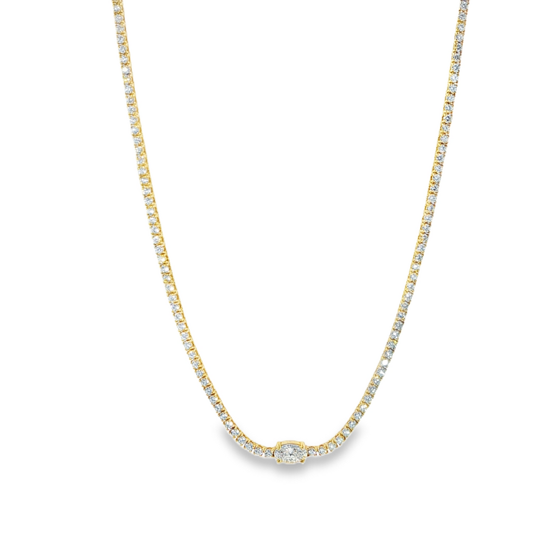 18K Yellow Gold And Diamond Tennis Necklace With 1 Oval Cut Center Diamond - 16.5"