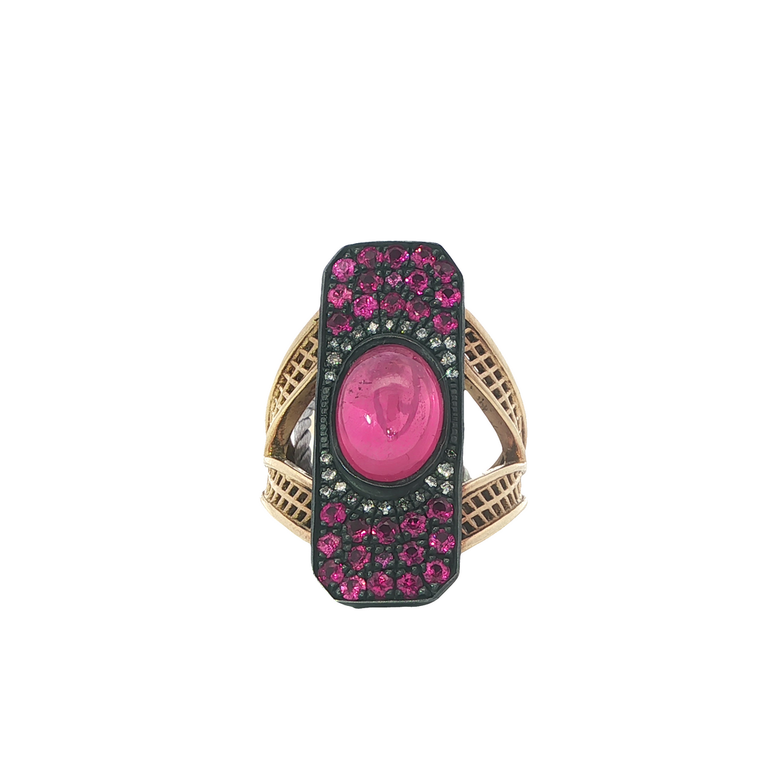 18K Yellow Gold Edwardian Style Crownwork Ring With Pink Spinel, Pink Sapphires, And Diamonds - Size 6.5