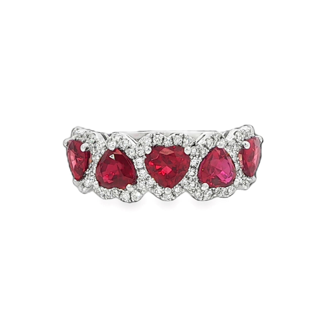 White Gold Ruby and Diamond Ring With Heart Shaped Rubies - Size 6.5