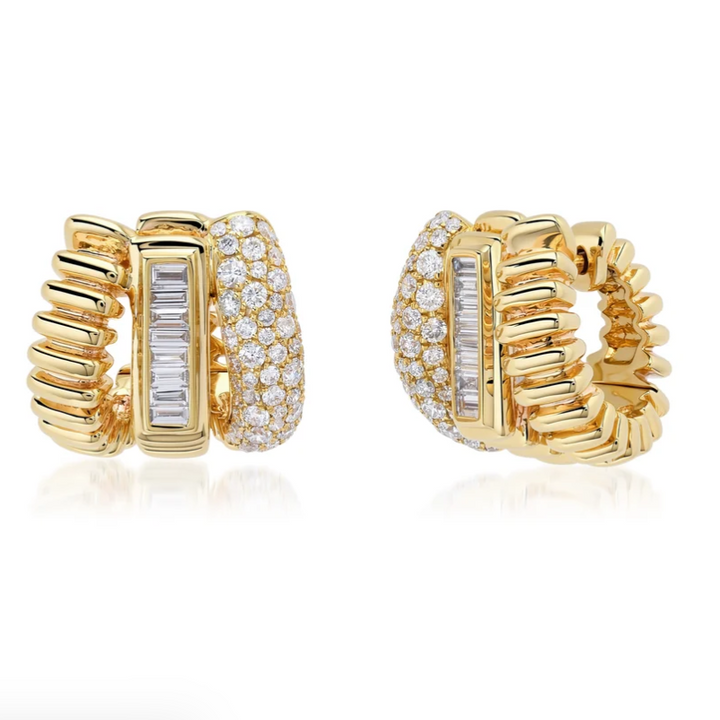 Fluted Trio Huggies With Baguette And Round Diamonds