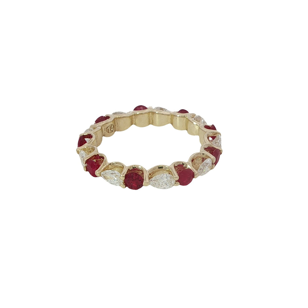 Yellow Gold Band Featuring Alternating Rubies and Pear Shaped Diamonds - Size 7.75