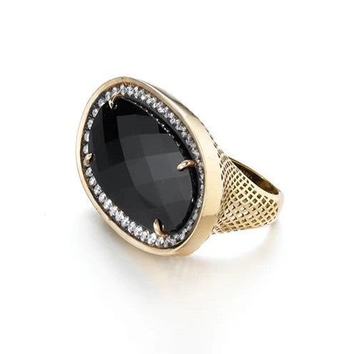 18K Yellow Gold Crownwork Ring With Claw Set Checkerboard Cut Onyx - Size 7
