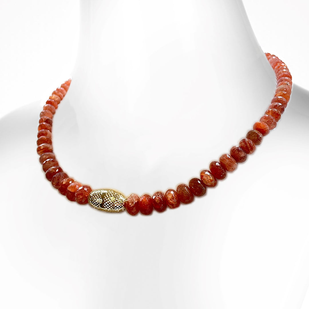 Oregon Sunstone Beaded Necklace With Crownwork Olive Bead - 19"