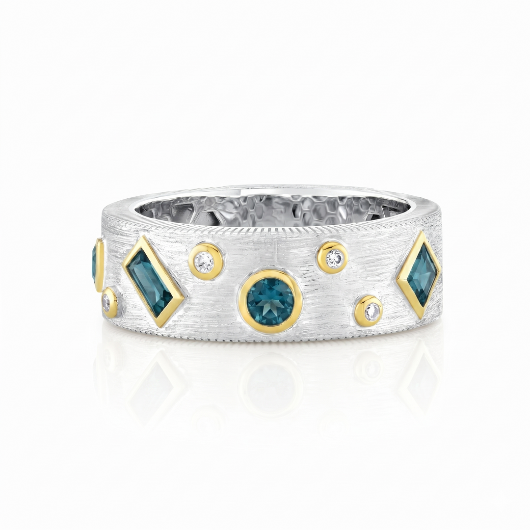 Silver Ring With Gold Bezel Set Mix Shape London Blue Topaz And Diamond Accents - Size 7