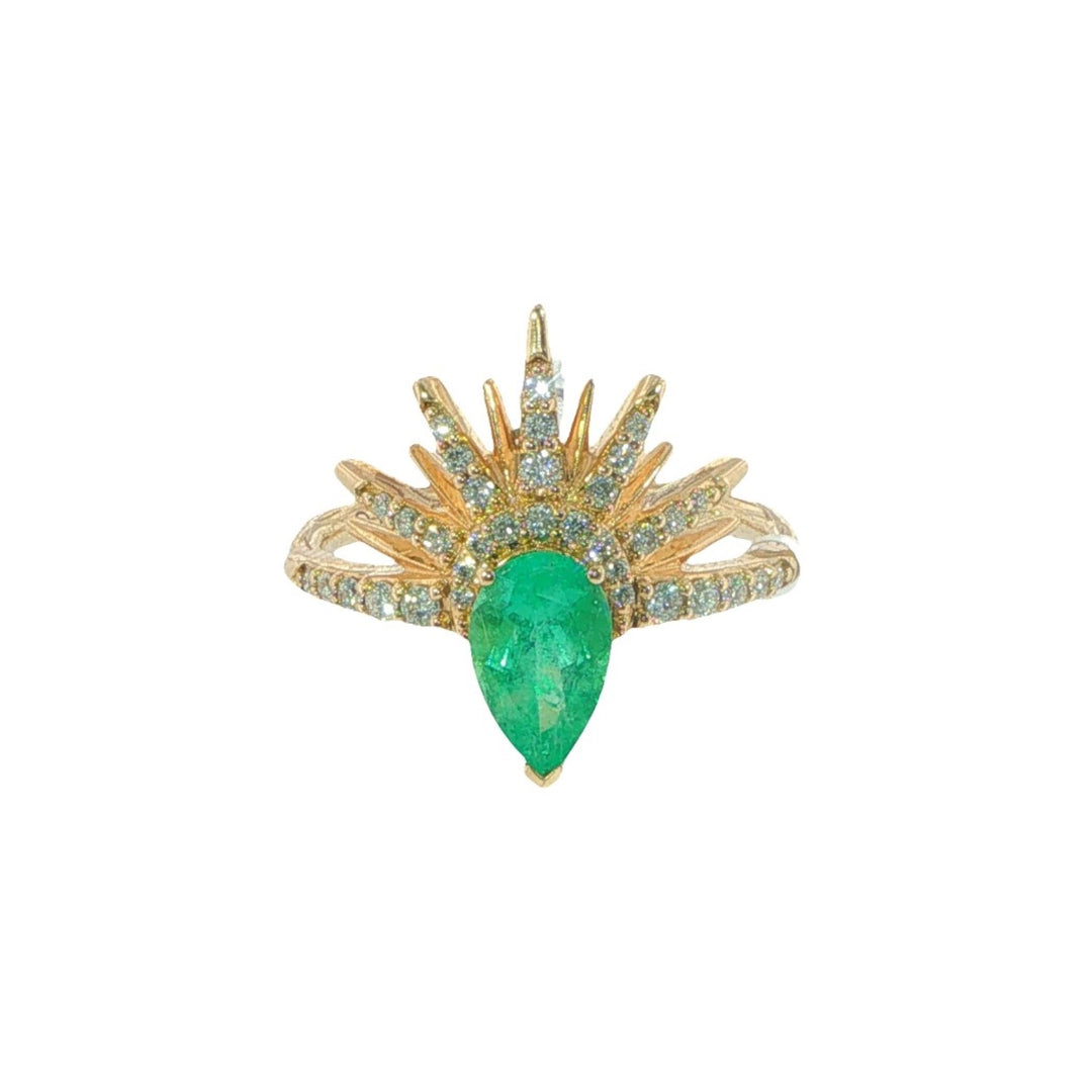 Sunrise Sunset Diamond Ring With A Pear Shaped Emerald - Size 7