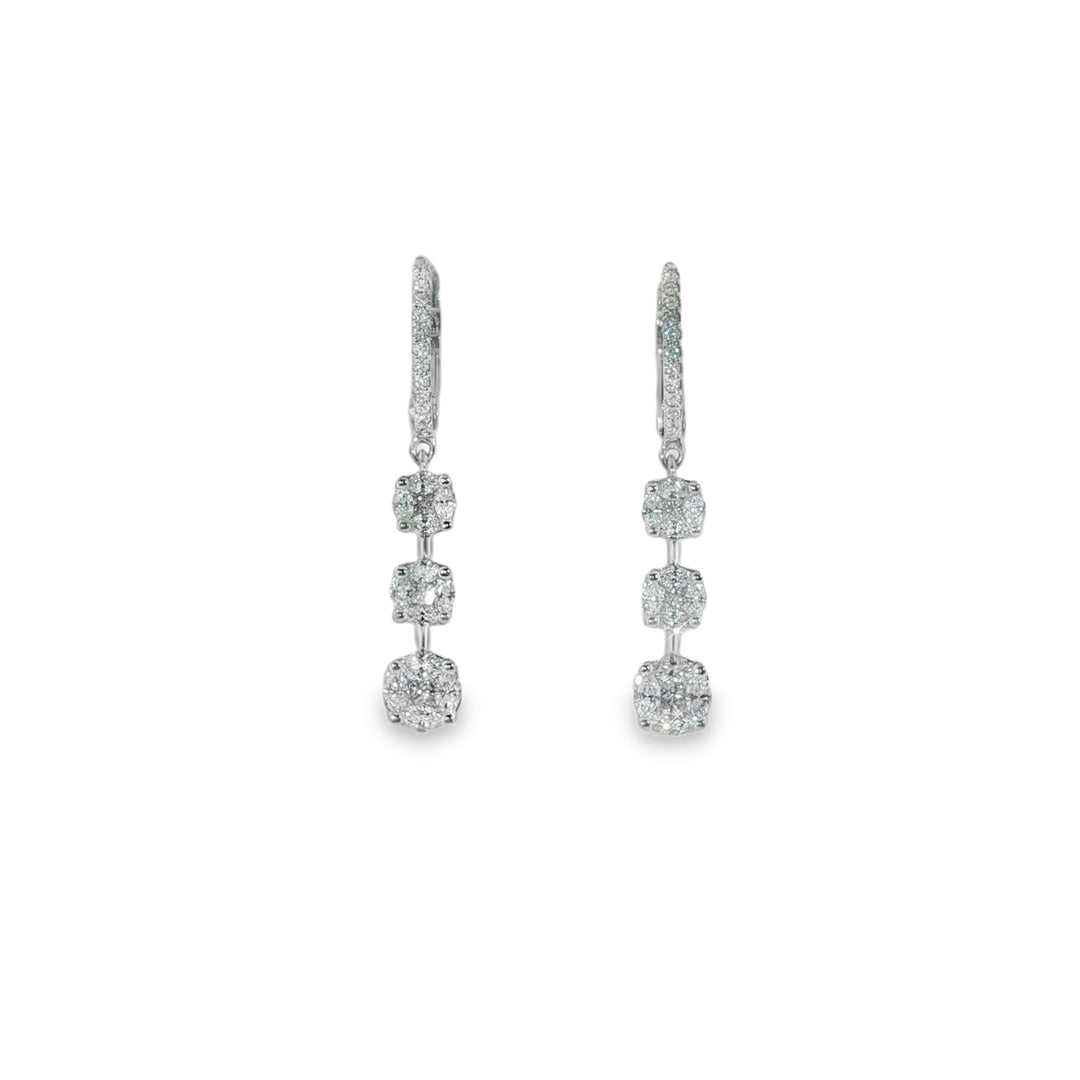 18K White Gold Diamond Huggies With Triple Diamond Drops