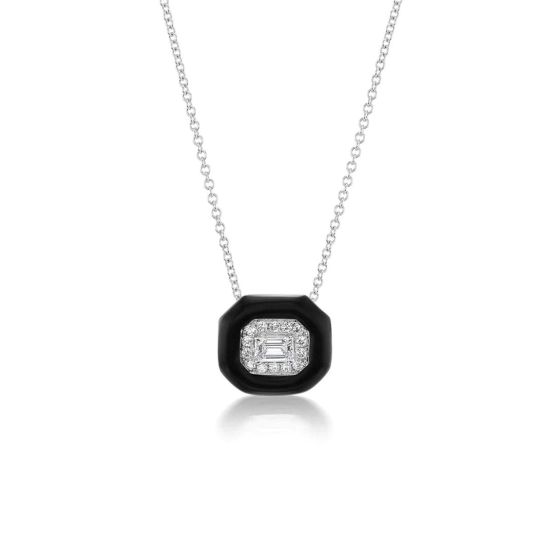 Oui Pendant Necklace With Emerald Cut Diamond And Black Enamel