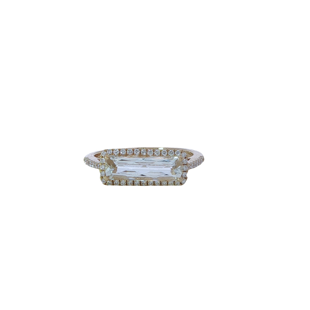 18K White Topaz Bar and Diamond Halo Ring