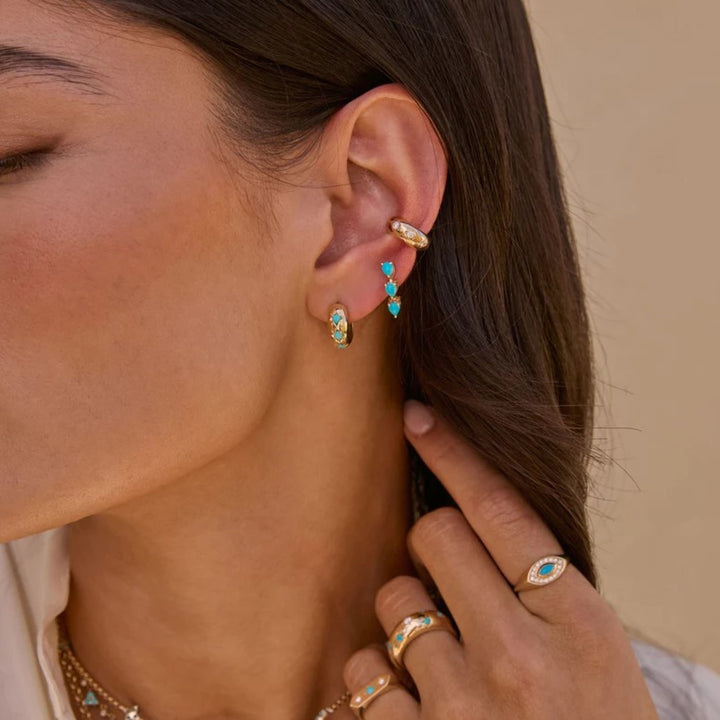 Half Round Huggie Hoops With Turquoise Stars