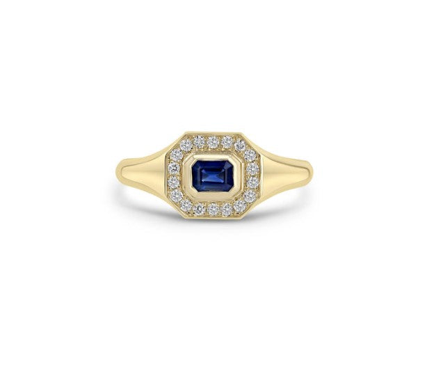 14K Yellow Gold Signet Ring With Emerald Cut Blue Sapphire And A Diamond Halo - Size 6