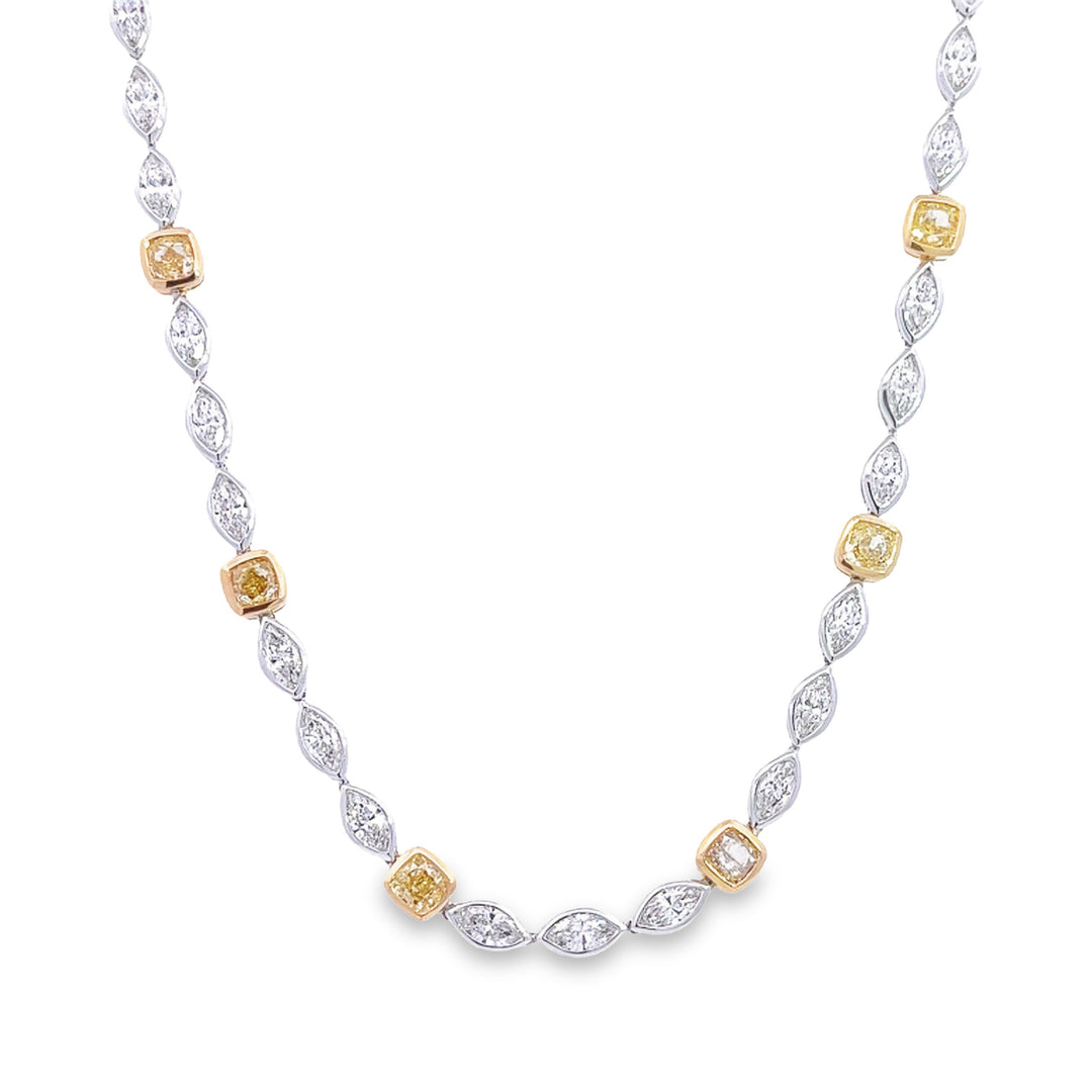 White and Yellow Gold Necklace With White Marquise Diamonds and Yellow Cushion Cut Diamonds - 16"