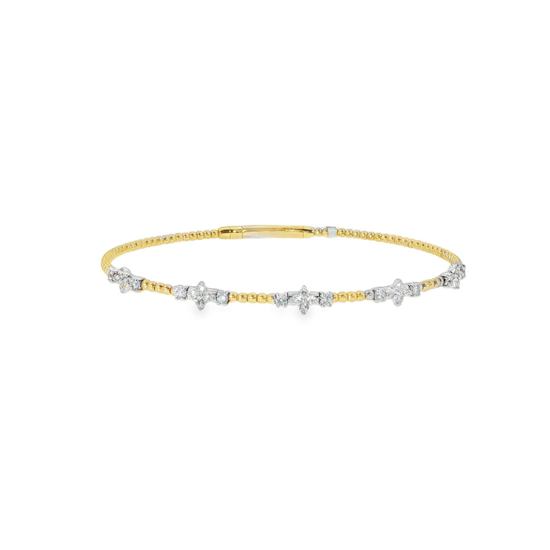 Yellow Gold Flexible Bead Bracelet With Diamond Cluster Stations Set In White Gold
