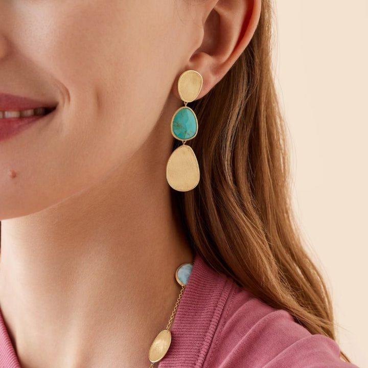18K Yellow Gold Three-Drop Turquoise Earrings