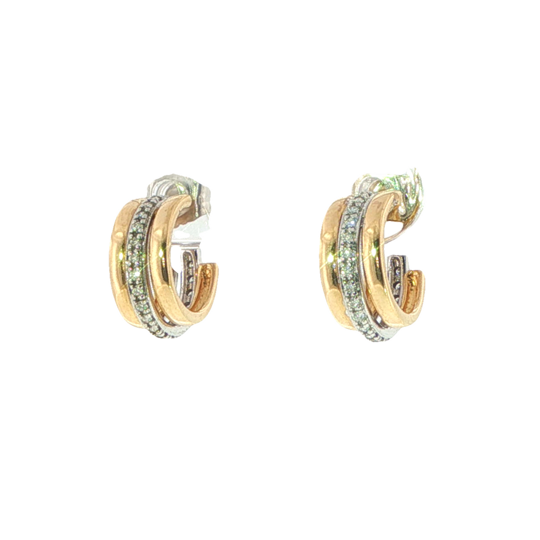 14K Yellow Gold Three Row Hoops With A Center Row Of Diamonds