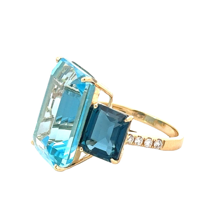 Sky Blue Topaz Ring with London Blue Topaz Sides and Diamonds on the Band