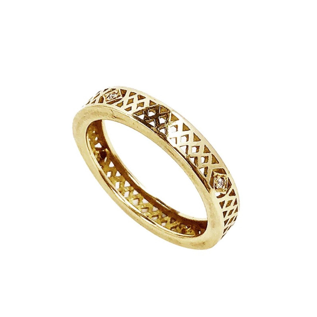 18K Yellow Gold Crownwork Stacker Band With Four Bezel Set Diamonds - Size 6.5