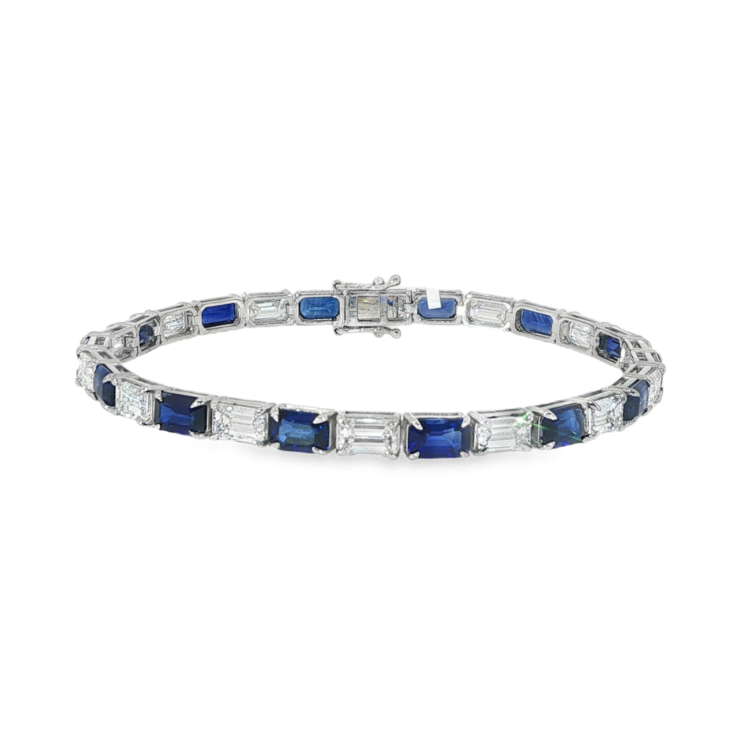 Platinum East-West Emerald Cut Blue Sapphire and Diamond Tennis Bracelet - 7"