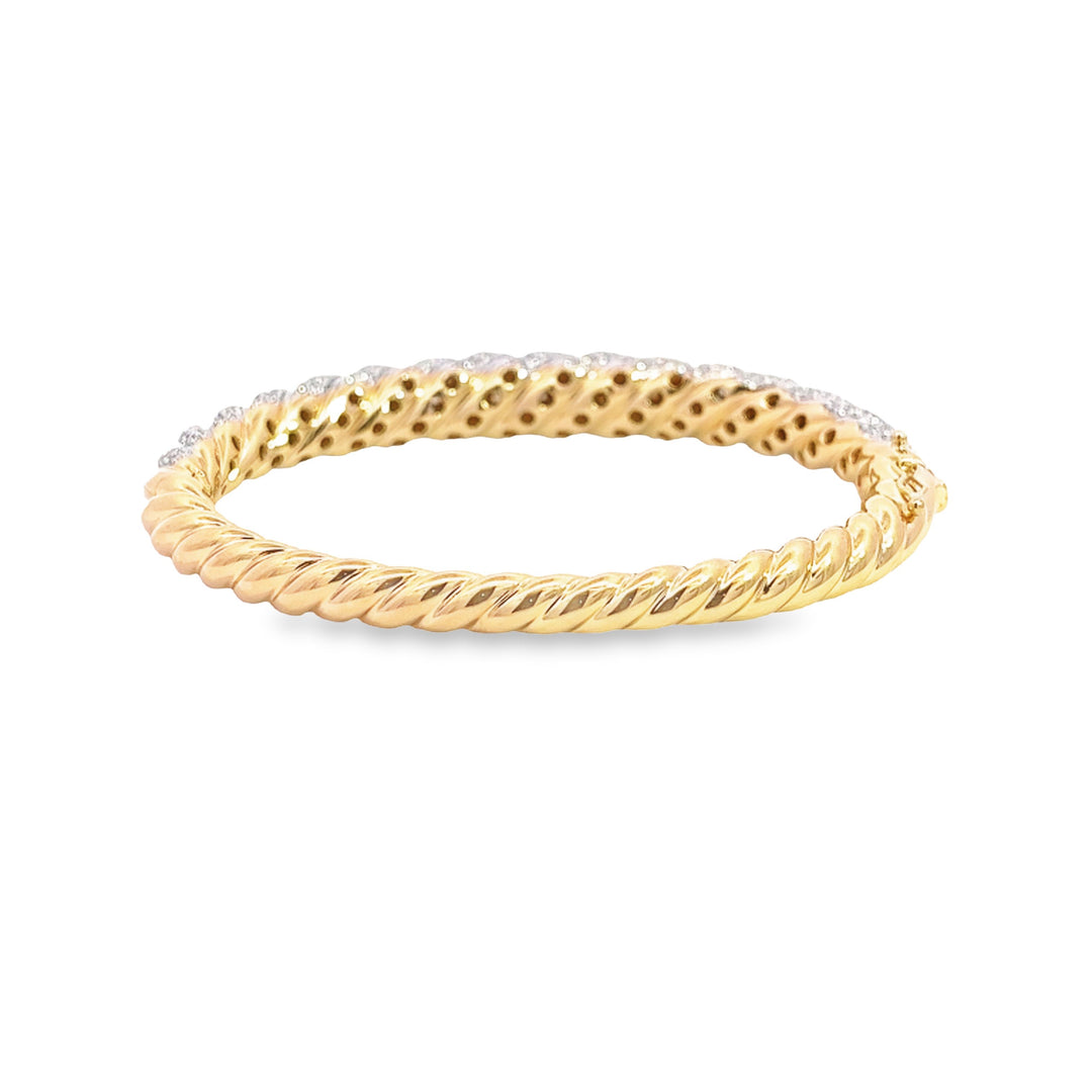 Yellow Gold Bangle With Twisted Metal and Pave White Diamonds