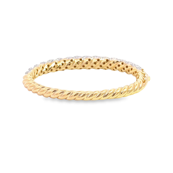 Yellow Gold Bangle With Twisted Metal and Pave White Diamonds