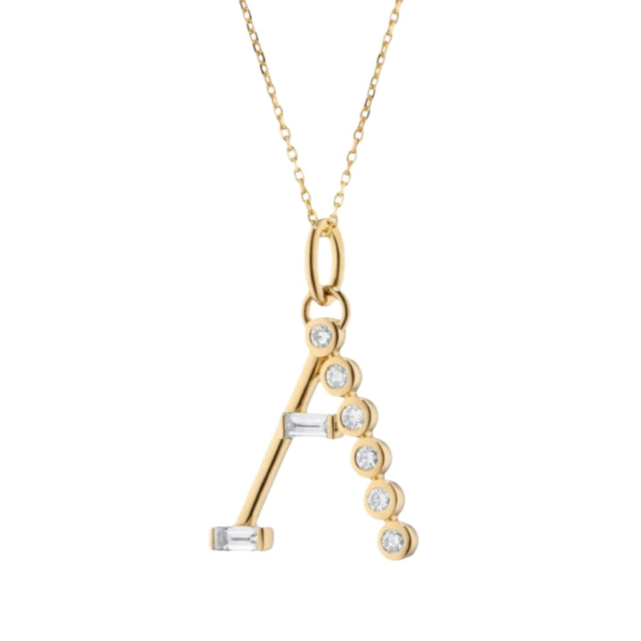 "A" Initial Charm With Round And Baguette Diamonds On A 17" Chain