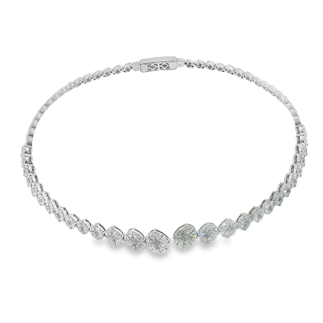 18K White Gold Illusion Set Diamond Cluster Open Collar Necklace