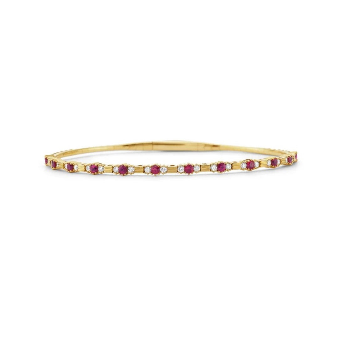 14K Yellow Gold Halfway Ruby And Diamond Flexible Bangle