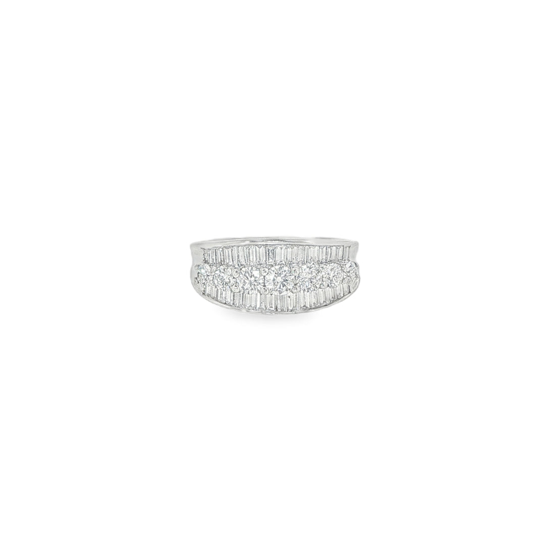 18K White Gold Ring With Row Of Round Diamonds Framed By Two Rows Of Baguette Diamonds - Size 6.5