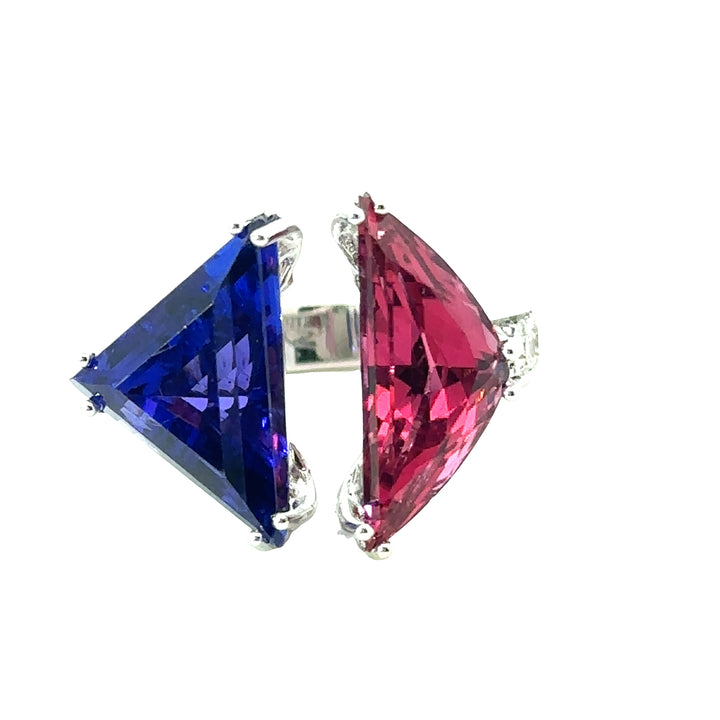 18K White Gold Ring With A Trillian Cut Tanzanite And A Trillian Cut Pink Tourmaline And Round Diamonds Along The Band - Size 6