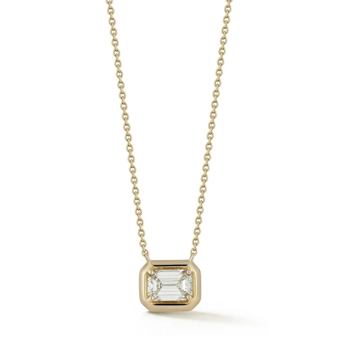 14K Yellow Gold Emerald Diamond Bezel Pendant - 16"